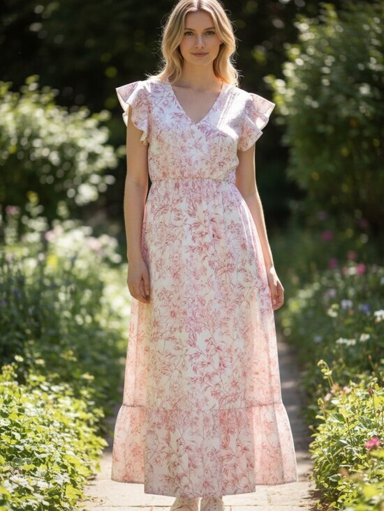 SHEIN Dresses & Skirts - SHEIN Pink Floral V-Neck Maxi Dress with Ruffle Sleeves